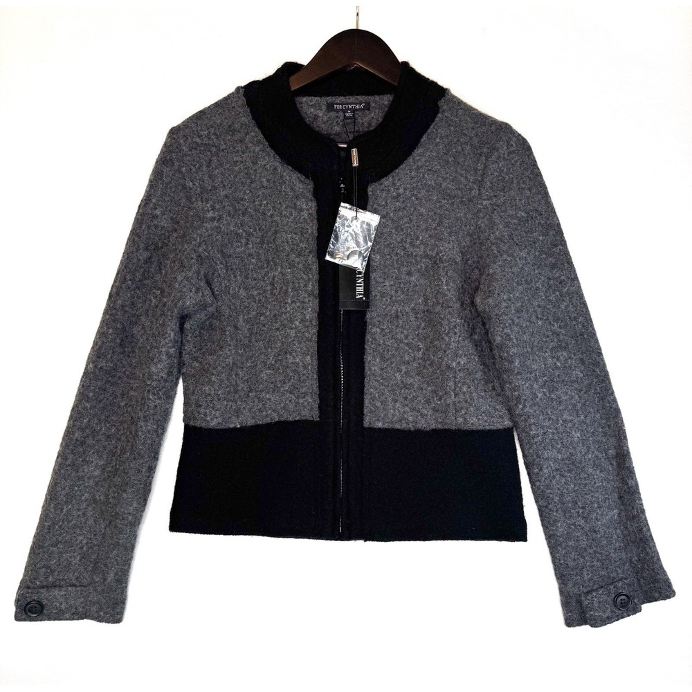 For Cynthia Wool Full Zip Blazer Jacket NWT size Small Elbow Patch Black Gray